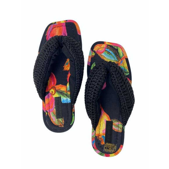 Farm Rio Cashew Crochet Puffy Black Pink Orange Flower Flip Flops Size 8 - Picture 1 of 10